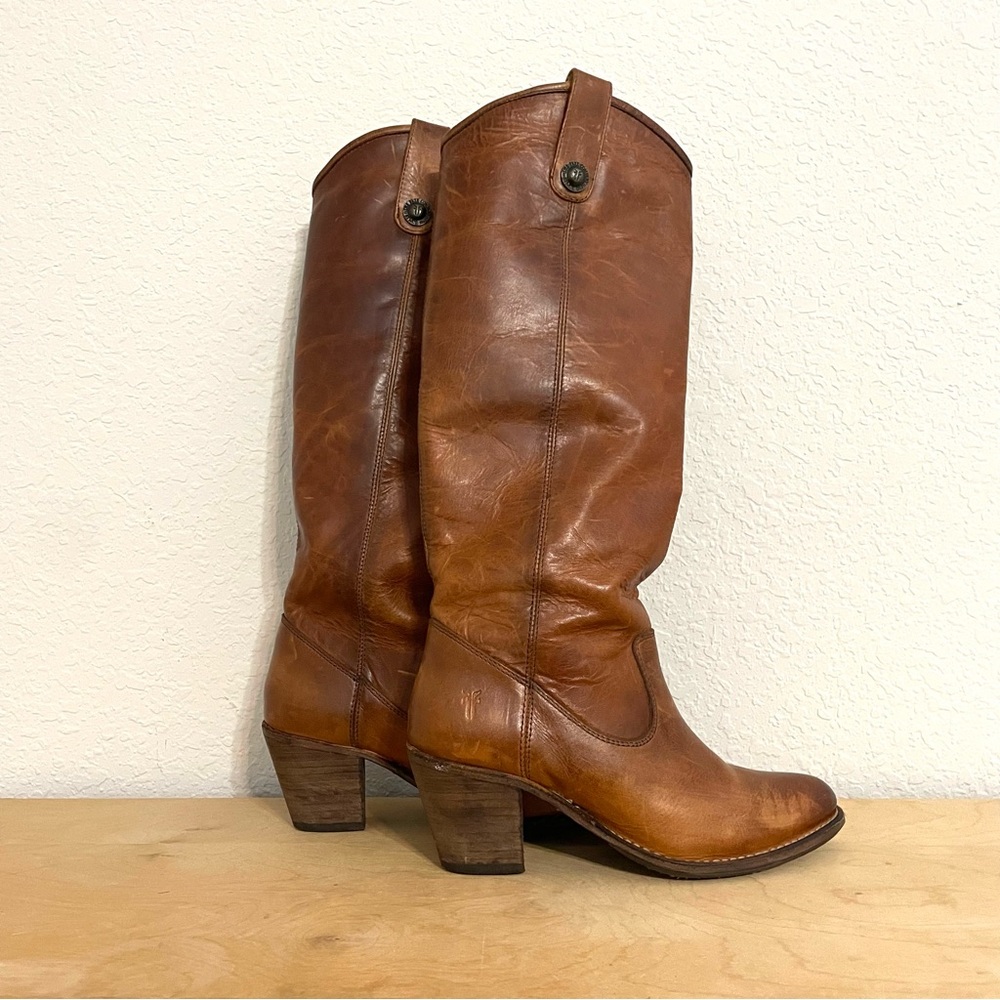 Frye Cognac Brown Leather Mid-Calf Heeled Boots - Picture 3 of 15